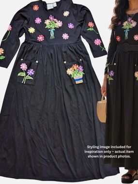 VTG Michael Simon Black Maxi Dress Embroidered Floral Appliqué Cotton  L